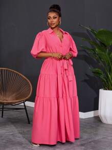 Slaydiva فستان ماكسي بأكمام قصيرة وخط A برزنتة مجعدة باللون الصلب للنساء ذوات الحجم الكبير موديل 2025 الجديد للربيع - روز أحمر - مشاهدة 6