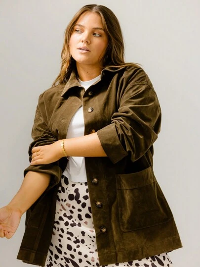 Aralina Curve Snygg Mocka Button Down Patch Pocket Mocka Longline Jacka