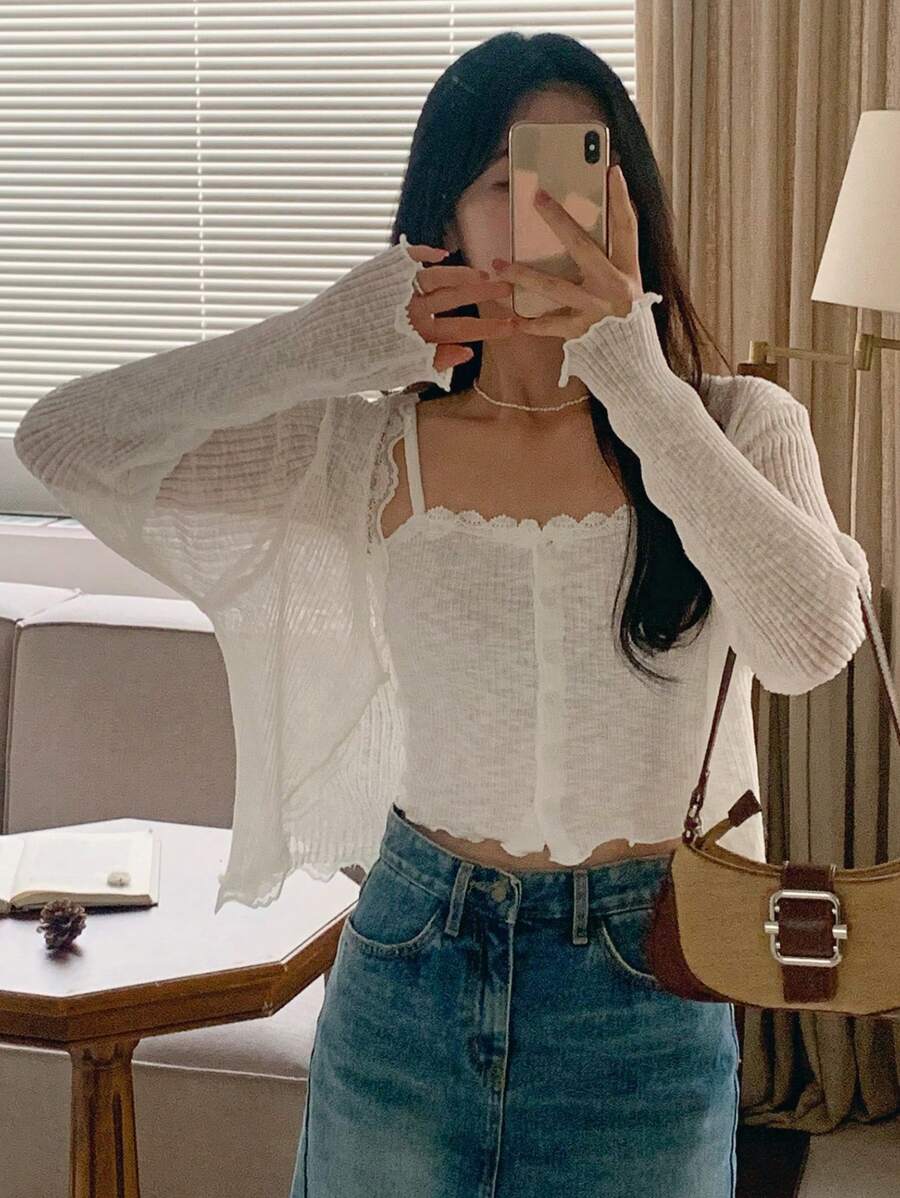 DAZY 女士花卉印花半透明宽松开衫 秋冬 - 白色 - 查看 1