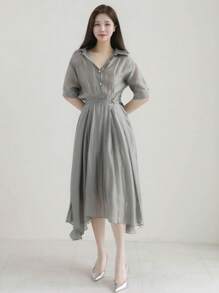 DAZY 女式翻领修腰不对称中长衬衫裙