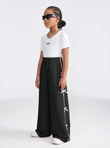 Coolane Kids Tween Girls Casual Contrast Trim Bow Decor Sweatpants, Autumn/Winter - Black - View 6