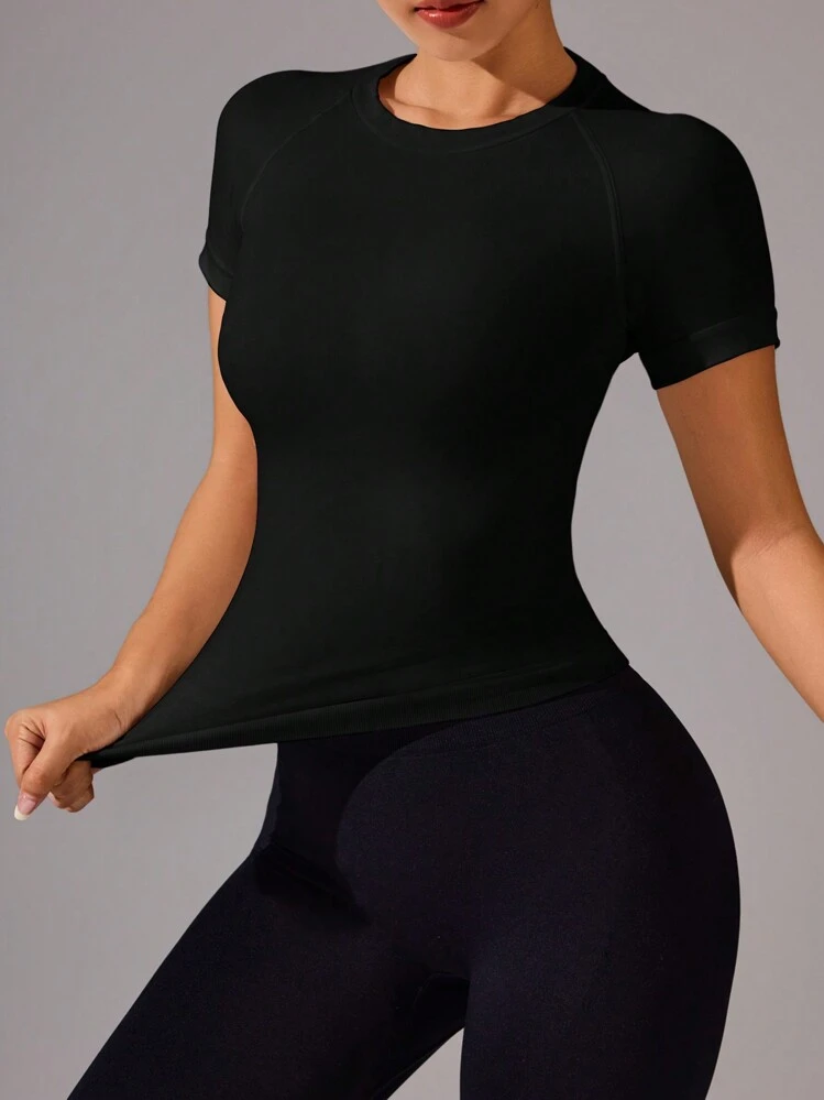 Eassivo Eassivo Casual Solid Color Seamless Short Sleeve Sport T-Shirt Compression Shirt Fitted Shirt Gym Women Shirts - Black - View 4