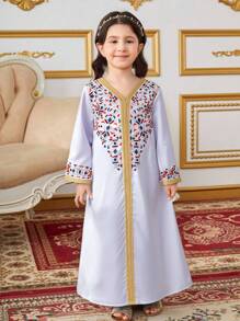 SHEIN Young Girl Ramadan Traditional Robe Loose Geometric Retro Print Patchwork Gold Ribbon V-Neck Long Sleeve Dress, Suitable For Party, Wedding, Banquet, Vacation, Summer - Blue - View 1