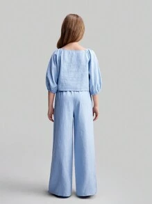 Maija Kids Maija Kids Tween Girls 2 Pieces Set: Loose Casual Shirt & Wide Leg Pants - Blue - View 2