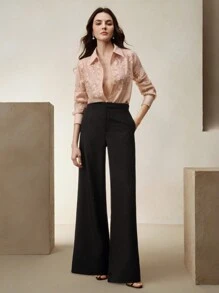 Anewsta Blouse chiffon polyvalente de couleur nude élégante et Top de gamme avec broderie de dentelle jacquard de printemps - Vieux Rose - Voir 4