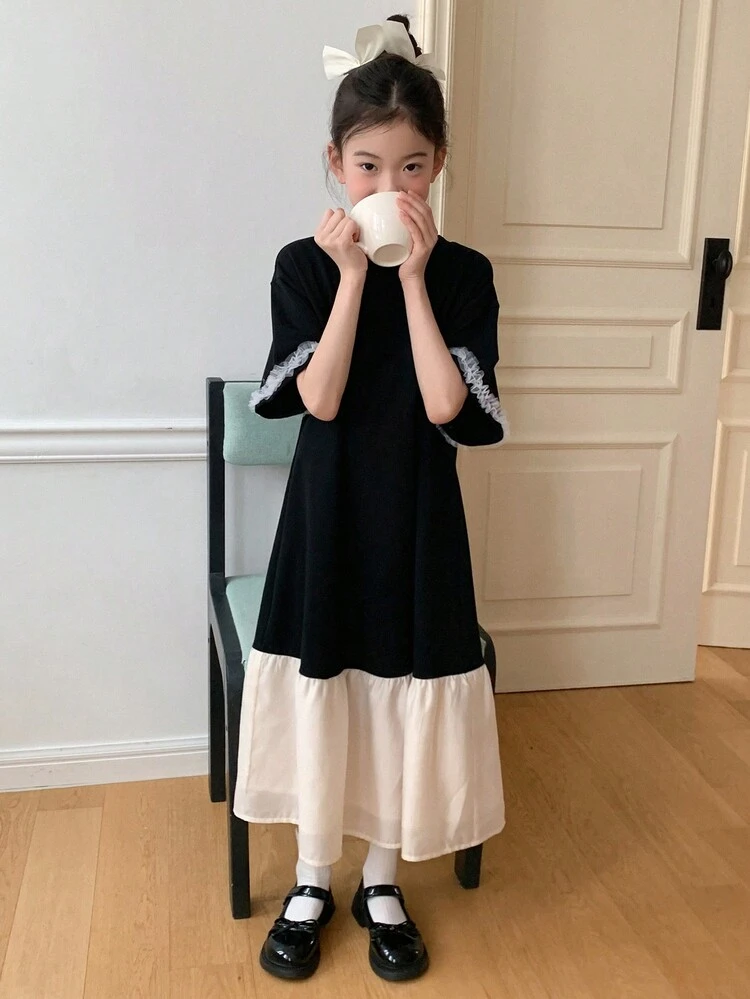 Tween Girl' Plain Color Block Round Neck Short Sleeve Minimalist Elegant Dress,Girls Summer Outfits,Back To School Clothes