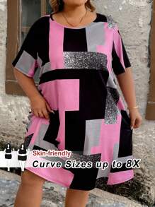 SHEIN CURVE+ Plus Size Women's Asymmetrical Color Block Patterned Splice Print Casual Round Neck Short Sleeve Knee-Length Dress, For Summer