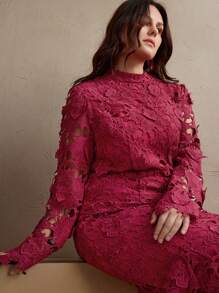 Anewsta 大码女式蕾丝安哥拉酒红色长袖优雅美人鱼连衣裙，适合外出、节日、春季、度假 - 酒紅色 - 查看 5