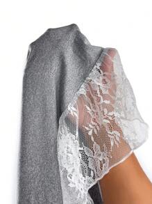 Romantic Lace Splice Ruffle Trim Long Sleeve Women Nightgown Babydoll Holiday Season, Cozy And Elegant Details, Fall & Winter - Grey - View 7