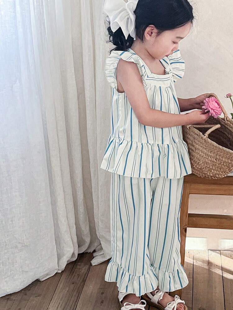 DAZY 2pcs/Set Young Girl Striped Casual Shirt And Long Pants Set - Blue and White - View 7