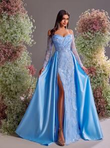 Glamrae Elegant Light Blue Luxury Sequined Embroidered Off Shoulder Sheer Long Sleeve Mermaid Gown, Wedding Guest Dress With Side High Slit & Detachable Train, For Formal Evening, Party Dress - Baby Blue - View 1