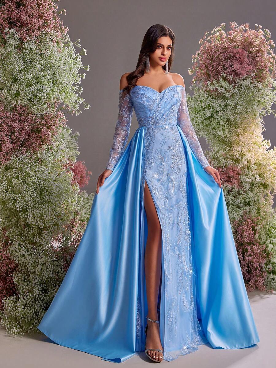 Glamrae Elegant Light Blue Luxury Sequined Embroidered Off Shoulder Sheer Long Sleeve Mermaid Gown, Wedding Guest Dress With Side High Slit & Detachable Train, For Formal Evening, Party Dress - Baby Blue - View 1