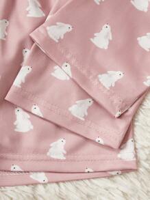 Bộ 3 món/Bộ áo thun tay ngắn in hình thỏ dễ thương cho bé gái, quần và quần short, bộ đồ ngủ thường ngày thoải mái - Hồng - Xem 4