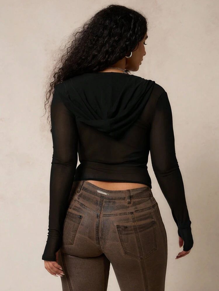 SUMWON Cowl Neck Long Sleeve Bodysuit Wrap Top Semi-Sheer Mesh Sleeves Evening Party Club Fitted Fall Winter Fashion