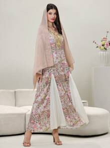 Al Najma 女士 V 领套头衫扎染花卉图案亮片刺绣衣领褶皱拼接浪漫优雅土耳其长裙和阿拉伯传统长袍、卡夫坦和贾拉比亚，端庄 - 彩色 - 查看 7