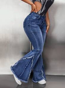 SHEIN ICON 女式休闲破洞修身喇叭牛仔裤 - 藍色 - 查看 4