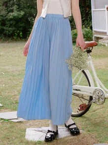 SHEIN Teen Girls Pleated Loose Pants,Blue Elegant Casual Vacation Clothing Suitable For Spring/Summer/Autumn,Office Wedding Season Princess Floral Design - Blue - View 1