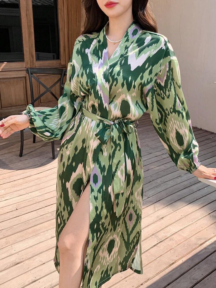 All-Over Floral Print Loose Waist Band Midi Shirt Dress For Women,Fall Women Clothes Long Sleeve Top