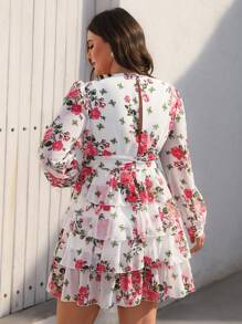 Revavyn 优雅法式度假荷叶边花卉雪纺印花腰收口泡泡袖长袖大码女式迷你连衣裙 - 藏蓝色 - 查看 2