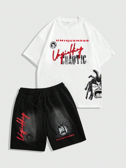 Street Life Herren Cartoon Buchstaben-Muster Kurzarm T-Shirt und Shorts Set