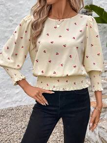 SHEIN LUNE Boho Women Clothing  Easter  Spring White Romantic Cherry Blossom Print Button-Down Shirt For Women - White - View 3