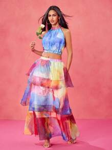 SHAQUITA GARCIA Designer Boho Bohemian Multi-Color Gradient Pattern Valentine's Day Cascading Ruffled Organza Elegant Romantic Skirt, Festival - Multicolor - View 1