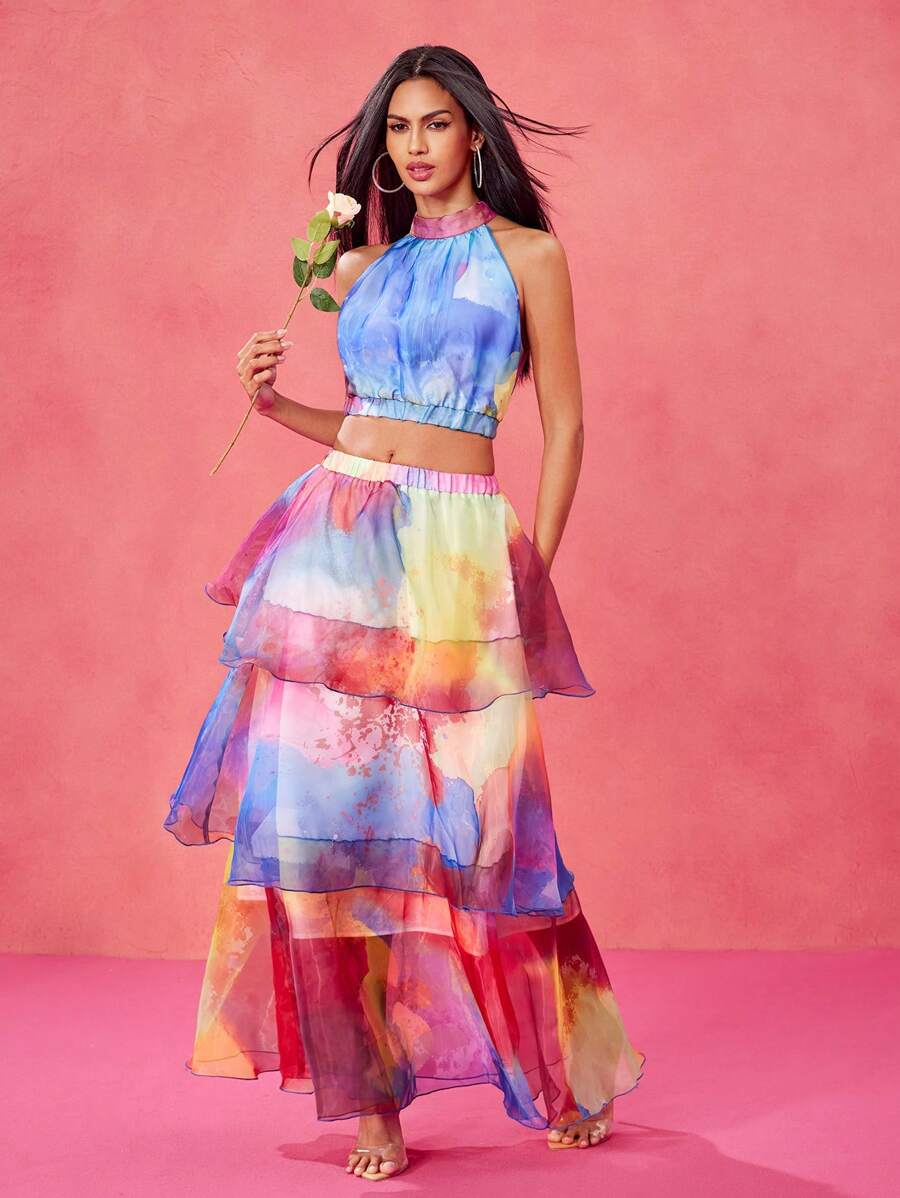 SHAQUITA GARCIA Designer Boho Bohemian Multi-Color Gradient Pattern Valentine's Day Cascading Ruffled Organza Elegant Romantic Skirt, Festival - Multicolor - View 1