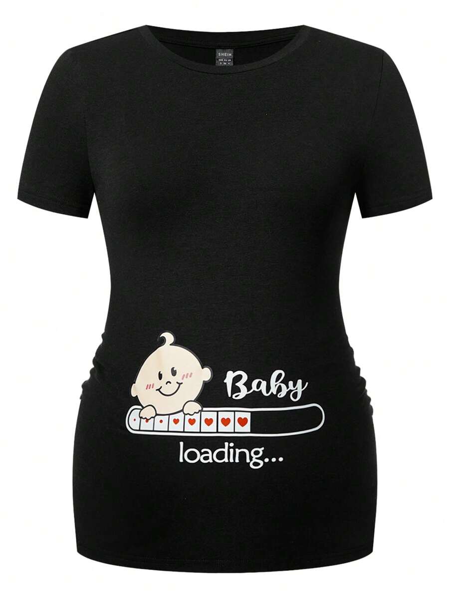 SHEIN Maternity 1pc Letter & Footprint Print Short Sleeve Slim Pregnant Women T-Shirt, Cotton - Black - View 1