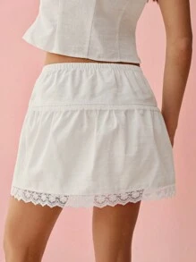 Enchnt Lente/Zomer Romantische Vrouwen Contrast Kant Strik Taille Linnen Korte Rok, Zoet & Elegant Voor Vakantie & Zoete Date & Dagelijkse & Vakantie