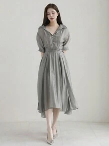 DAZY 女式翻领修腰不对称中长衬衫裙