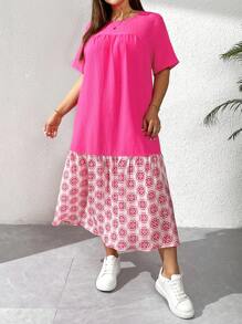 SHEIN Essnce Damen Große Größen Frühling und Sommer Mode Lässig locker täglich komfortables rosa Kurzarm konservatives langes Kleid, Sommer Outfits für Frauen, Kleidung für Mutter und Tochter, Urlaubsoutfits Frau - Pink - Übersicht 4