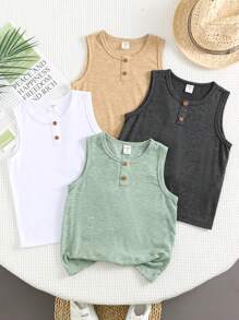 SHEIN 4pcs Baby Boy Summer Casual All-Match Solid Color Knit Vest Set, Versatile Tank Top For Baby Boy - Multicolor - View 4