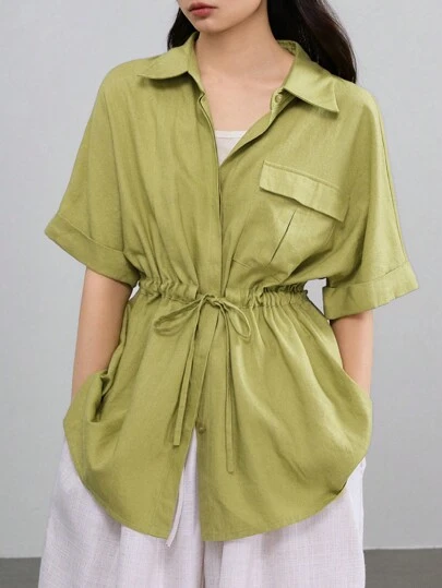 Dazy-Less Linen Loose Solid Color Business Casual Loose Short Sleeve Women Shirt With Large Pockets & Cinched Waist Old Money Style, Teacher