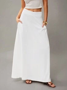 Firerie Solid High Waist Maxi Skirt - White - View 6