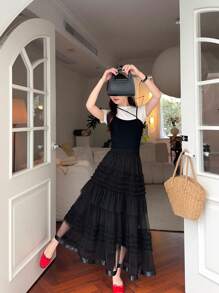 DAZY 女式荷叶边欧根纱长裙，适合夏季和情人节 - 黑色 - 查看 4