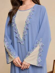 Al Najma Women's Everyday Color Block Sleeve Patch Floral Lace Trim Loose Traditional Dress Kaftan Jalabiya Dress - Blue - View 6