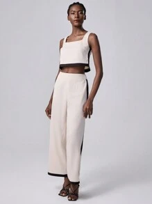 SHEIN Unity 2 件套女士时尚撞色方领编织背心和高腰直筒裤套装 - 黑與白 - 查看 3