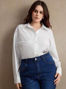 Anewsta 钩针拼布曲线优雅宽松大码女式衬衫，适合夏季度假 - 白色 - 查看 7