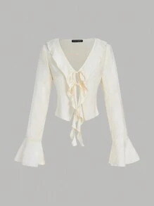 SHEIN MOD Apricot Bell Sleeve Ruffle Shirt, Romantic Shirt, Vacation Shirt, Bohemian Shirt, Spring Shirt, Beach Wear, Country Wear