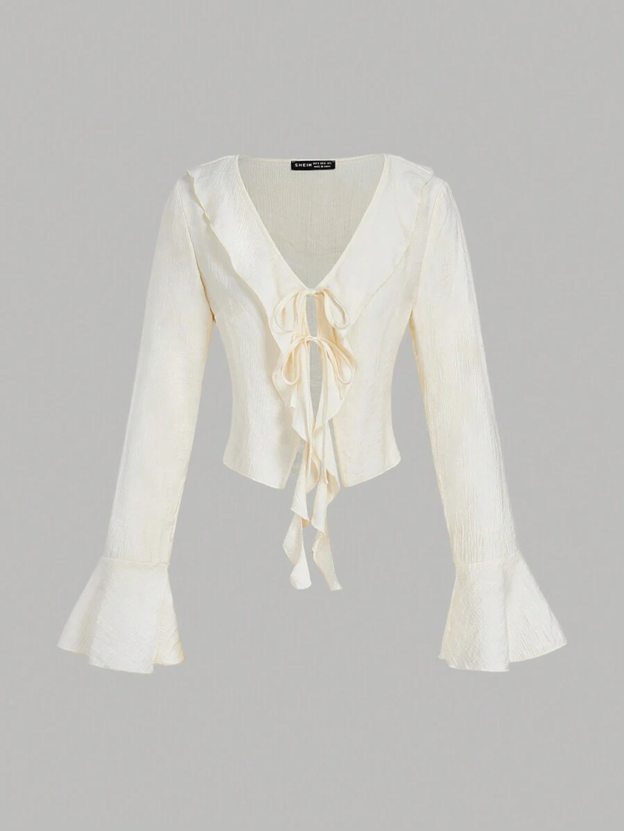 SHEIN MOD Apricot Bell Sleeve Ruffle Shirt, Romantic Shirt, Vacation Shirt, Bohemian Shirt, Spring Shirt, Beach Wear, Country Wear