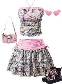 SHEIN 2pcs/Set Teen Girl Beach Fashion Street Snap Tree Branch Print Lace Trim Cropped Cami Top And Ruffle Color Block Mini Skirt Valentine's Day Summer Outfit, Suitable For Parties - Multicolor - View 1