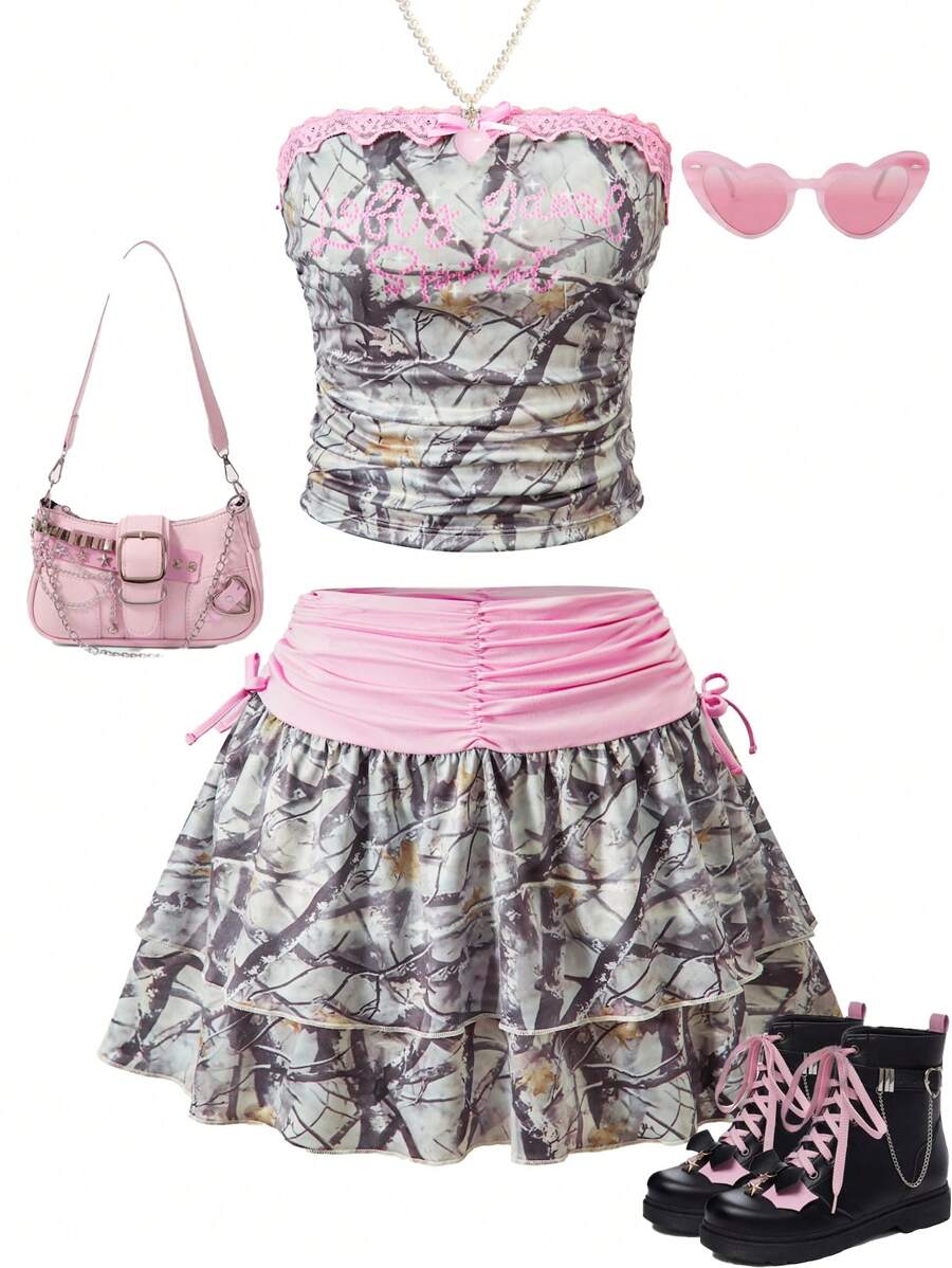 SHEIN 2pcs/Set Teen Girl Beach Fashion Street Snap Tree Branch Print Lace Trim Cropped Cami Top And Ruffle Color Block Mini Skirt Valentine's Day Summer Outfit, Suitable For Parties - Multicolor - View 1