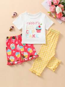 SHEIN 3pcs/Set Baby Girls' Cute Ice Cream Print Short Sleeve Top, Long Pants And Ruffled Cuffs Home Outfit Set - Multicolor - View 1