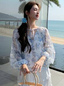 DAZY Elegant Vacation Blouse, Spring/Summer, Lantern Sleeve, Floral Printed, Lace-Up Women Shirt Long Sleeve Top - Blue - View 6