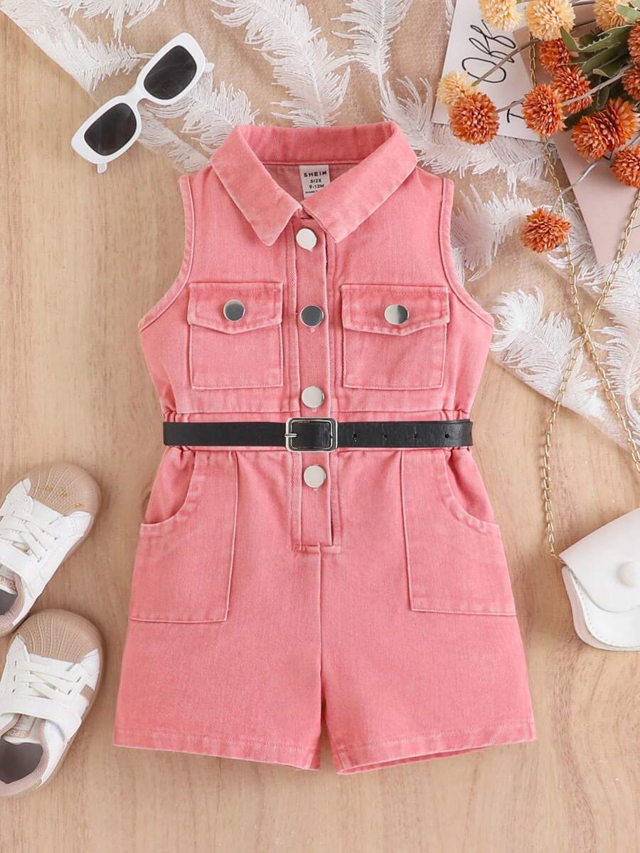Moda para bebé (niña) estilo dulce de la calle, mono sin mangas de tela vaquera rosa, verano - Rosa - Ver 1