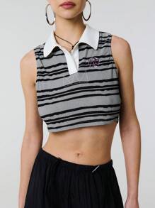 SHEIN Unity 休闲 Polo 领无袖短款条纹星星刺绣背心 - 黑與白 - 查看 6