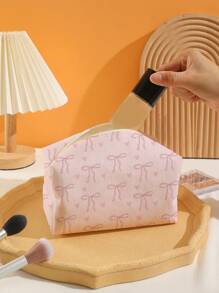 ROMWE Kawaii Pink Bow Pattern Octagon Velour Cosmetics Bag - Multicolor - View 3