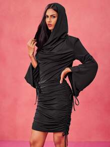 Tristan Blake Abito mini con cappuccio, motivo a cordoncino, maniche a zampa, scollo a cappuccio e drappeggio, di design, adatto per festival, concerti, balli di fine anno