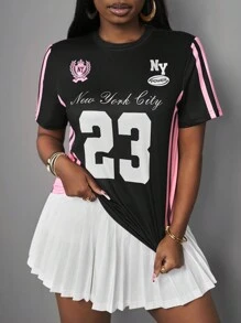 Slaydiva Graphic Tees Women Streetwear For Women Gyaru New Spring And Summer Casual Street Black With Pink Stripes 23 Letter Slogan Logo Full Printed Women's T-Shirt-B - Black - View 9