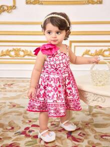 SHEIN 女宝宝可爱花卉印花无袖单肩夏季连衣裙 - 玫紅色 - 查看 7